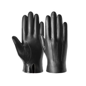 Men's premium black handstitched sheepskin leather dress gloves with fleece lining.