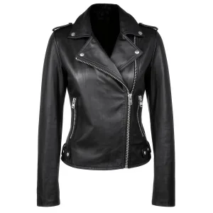 Women's premium black genuine leather asymmetrical biker jacket with silver hardware.