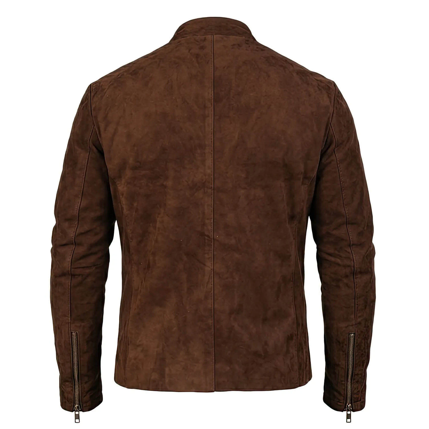 Suede Biker Jacket back Back view of a men's brown suede jacket showing vertical seam detailing, zippered sleeves, and a tailored silhouette.