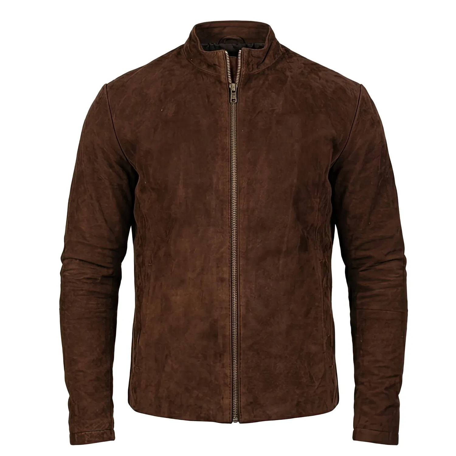 Suede Biker Jacket front Front view of a men's premium cocoa brown suede leather jacket featuring a stand-up collar and central metallic zipper against a white background.
