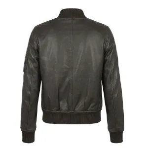 Back view of a women's oversized brown leather bomber jacket showing a clean vertical seam design and structured rib-knit waist hem