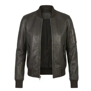 Front view of a women's premium brown sheepskin leather bomber jacket in a relaxed boyfriend fit, featuring a rib-knit collar, metallic zipper, and a utility sleeve pocket against a neutral background