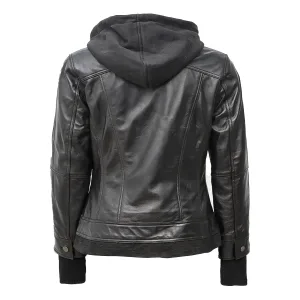 Back view of a sleek charcoal grey leather jacket featuring a removable hood, structured paneling, and a fitted cut.