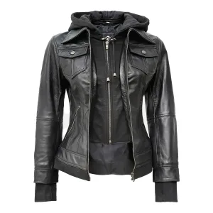 Women's charcoal grey premium sheepskin leather jacket with a detachable fabric hood, silver hardware, and chest pockets, front view against a neutral background.