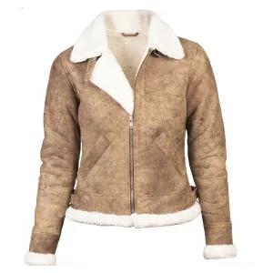 Front view of a women's Sherilyn B-3 distressed brown leather bomber jacket with white faux fur lining and buckled collar