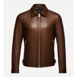 Men's premium rich sienna brown genuine leather shirt-collar trucker jacket with smooth finish.