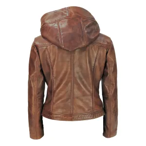 Back view of a premium brown distressed leather jacket featuring a structured hood and tailored paneling details.