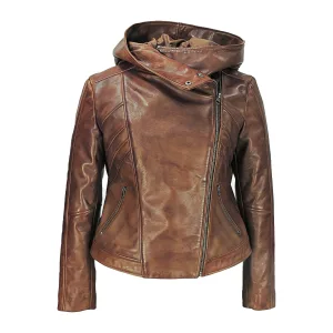 Front view: "Women's distressed brown leather biker jacket with asymmetrical zipper and integrated hood, front view against a neutral background.