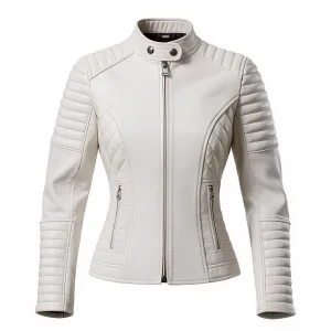 Women's luxury arctic white genuine leather biker jacket with heavy ribbed padding on shoulders and sleeves.