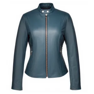 Women's handcrafted steel blue genuine leather racer jacket with mandarin collar and quilted shoulders.