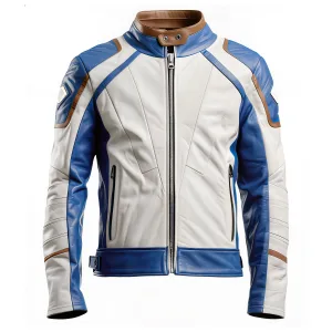 Men's blue and white futuristic racing leather biker jacket.