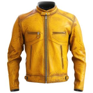 Men's vintage distressed yellow leather cafe racer biker jacket with weathered texture.