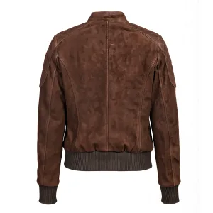 Back view of a brown suede leather jacket showing precision central spine paneling and a structured elasticated ribbed waist.