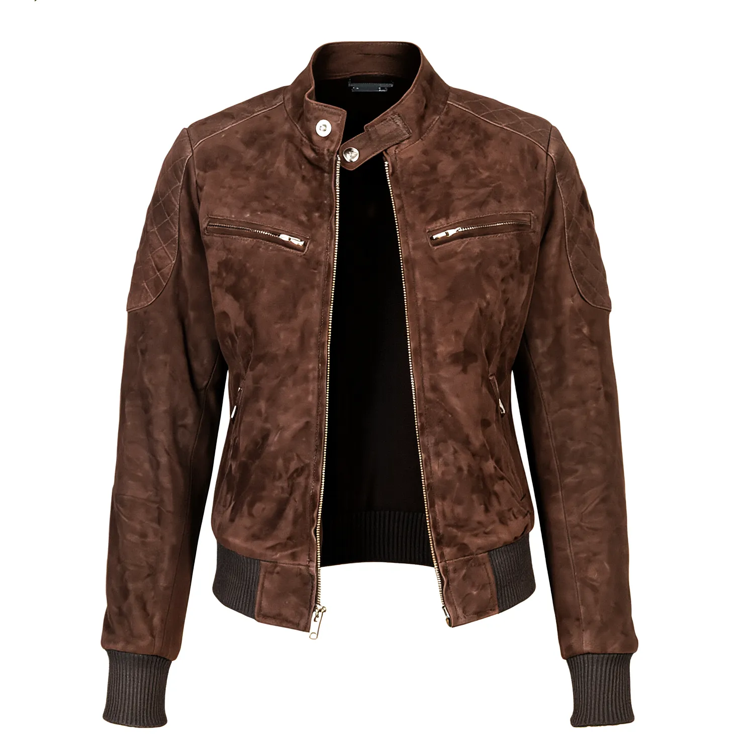 Mocha Suede Bomber Jacket front Front view of a women's premium brown goatskin suede jacket featuring zippered chest pockets, quilted shoulders, and rib-knit cuffs.