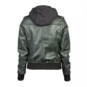Back view of a green sheepskin leather bomber jacket with a removable black hood and structured rib-knit waist.