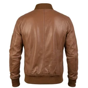 Back view of a brown leather MA-1 bomber jacket showing precision back paneling and structured rib-knit waist