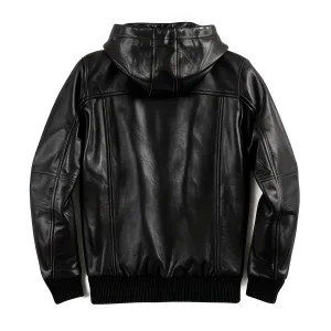 Back view of a sleek sheepskin leather hooded bomber jacket showing clean paneling and a structured rib-knit hem.