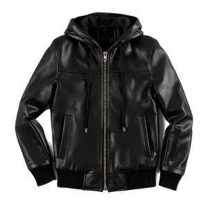 Front view of the premium Rogue hooded leather bomber jacket featuring an integrated hood, fleece lining, and minimalist design.
