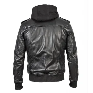 Back view of a black sheepskin leather bomber jacket showing the fabric hood and structured rib-knit hem.