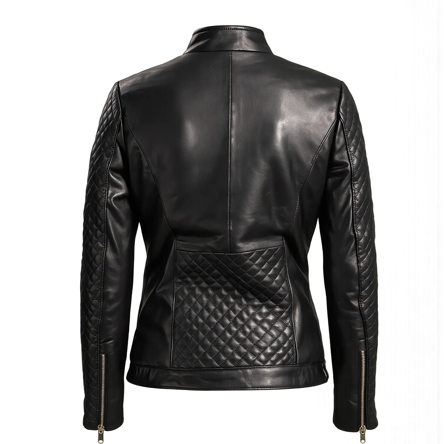 The Valkyrie Diamond Biker back Back view of a black quilted leather jacket showing the lower back diamond panel and zippered sleeve closures.