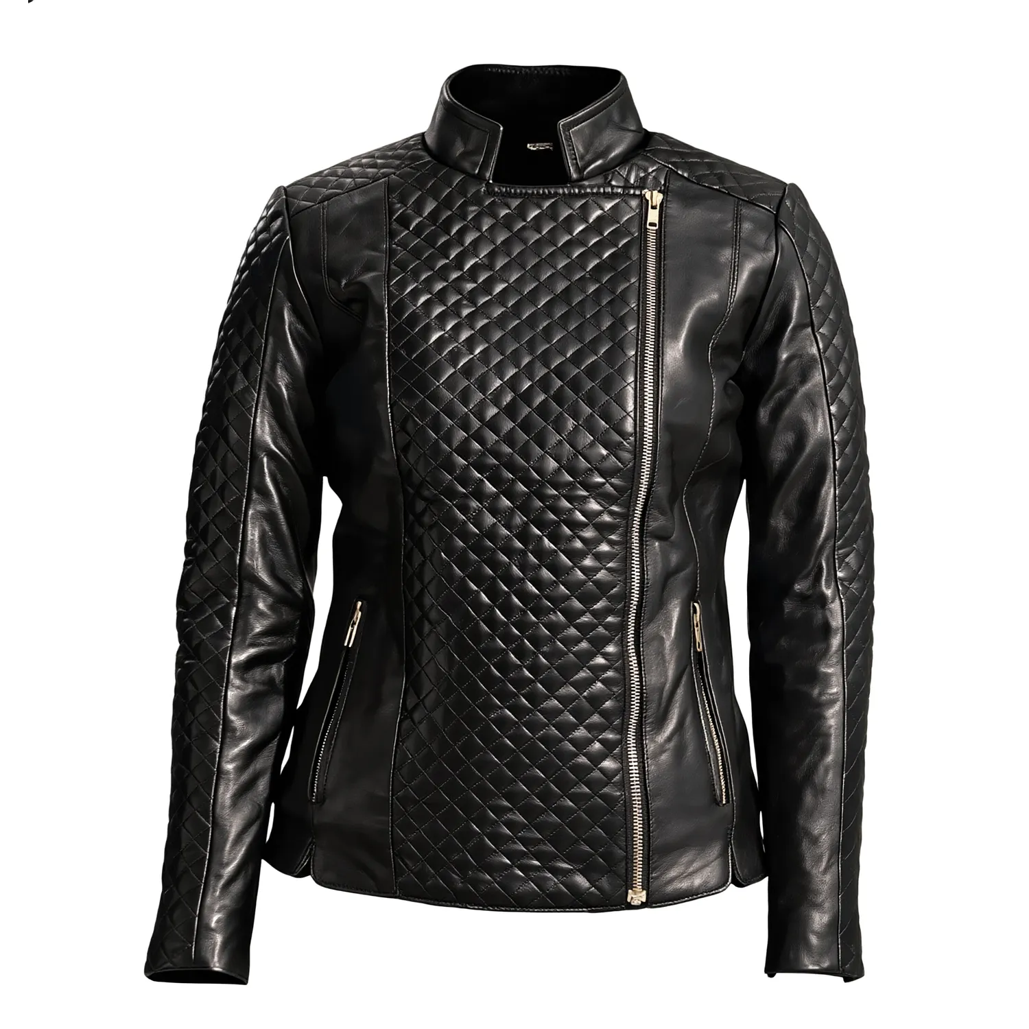 The Valkyrie Diamond Biker front Front view of a premium women's black sheepskin leather biker jacket with full-front diamond quilting and an asymmetric zipper.