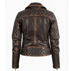 Back view of a distressed brown leather jacket showcasing diamond-quilted lower back accents and burnished central seams.