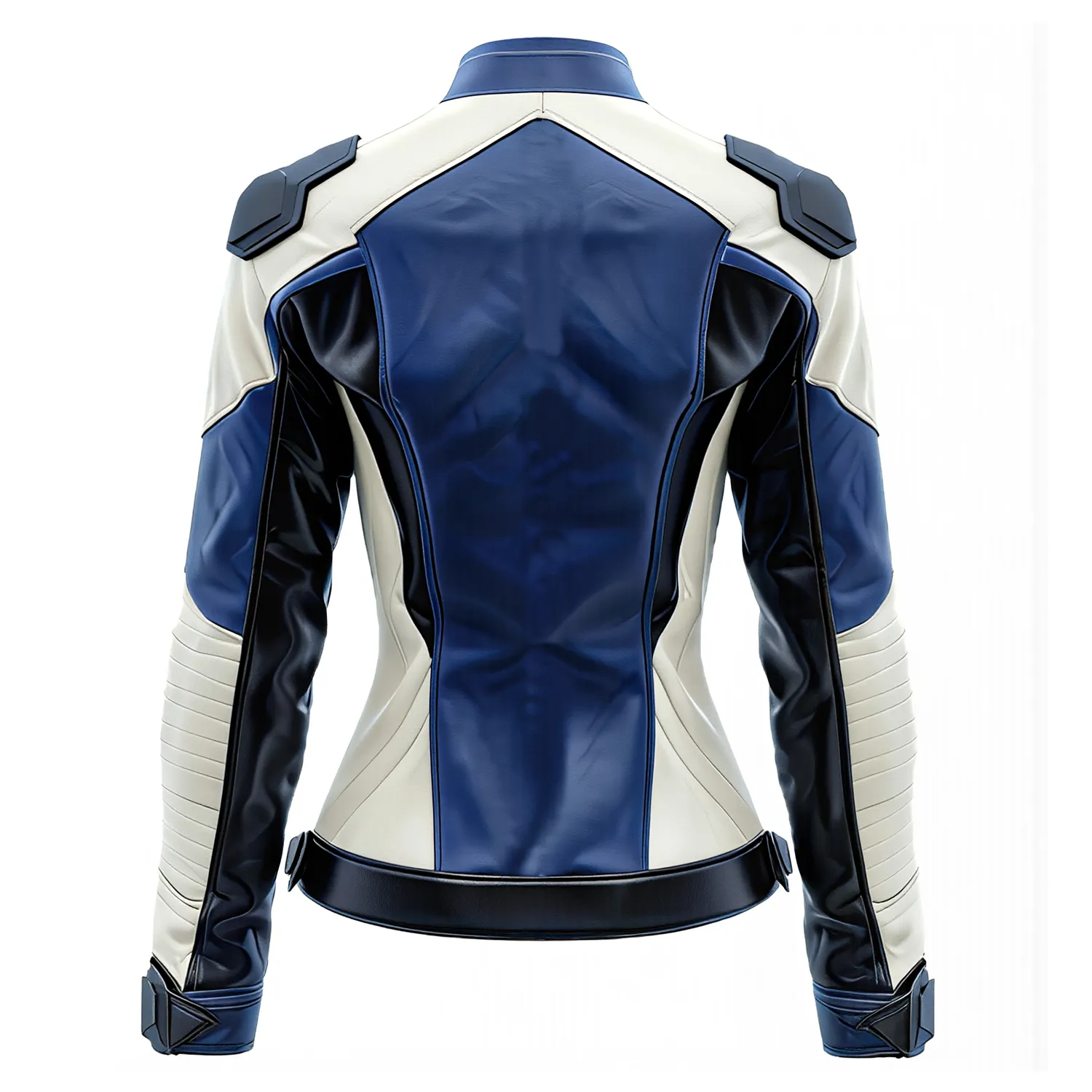 Women Royal Blue White Back Back view of a sci-fi armored leather jacket showing contoured blue back paneling and a structured waist belt.