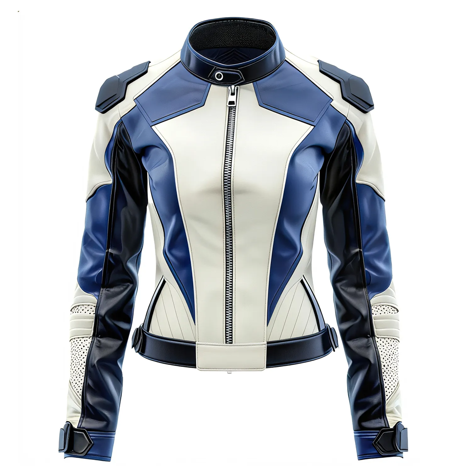 Women Royal Blue White Front Front view of a premium futuristic women's leather racer jacket with blue, white, and black geometric panels and tactical shoulder plates.
