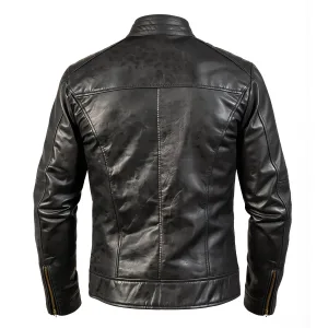 Back view of a brown cowhide leather racer jacket showing precision central seam and zippered sleeve detailing.