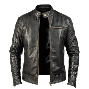 Front view of a men's premium brown cowhide leather cafe racer jacket with pull-up finish, band collar, and metallic zippers.