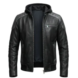 Front view of a hybrid black leather jacket combining biker-style carbon fiber padding with a bomber-style ribbed waistband.