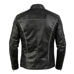 Back view of a black leather racer jacket showing reflective-style silver piping and precision paneling.